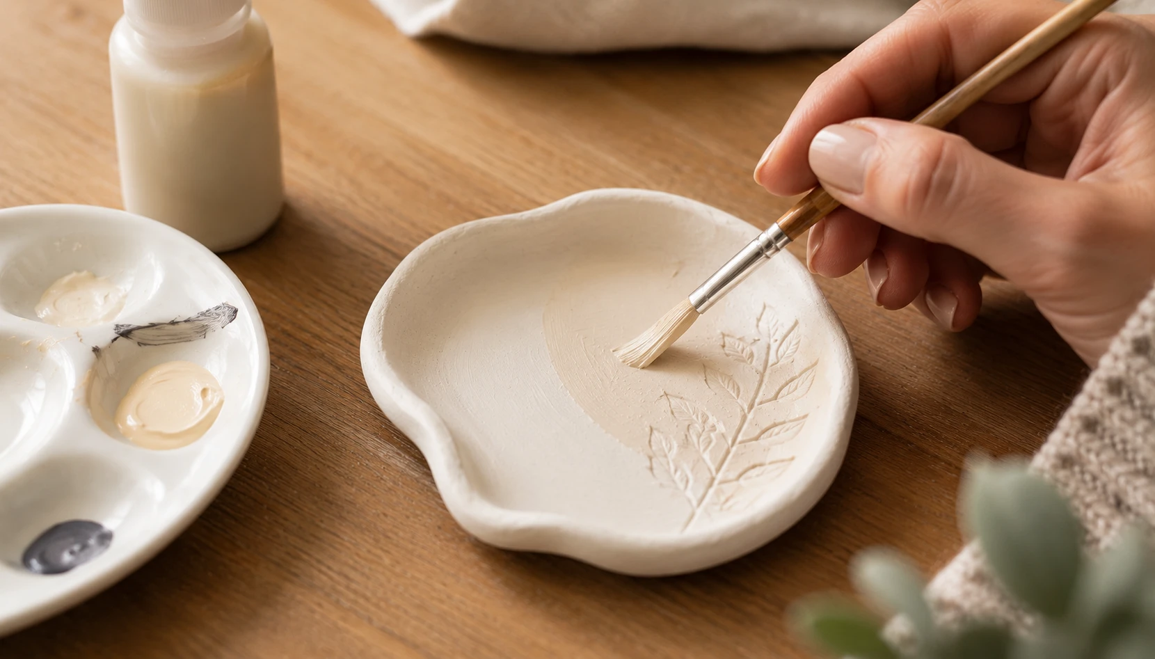 Hand painting a finished air dry clay piece with warm neutral acrylic paint using a small brush