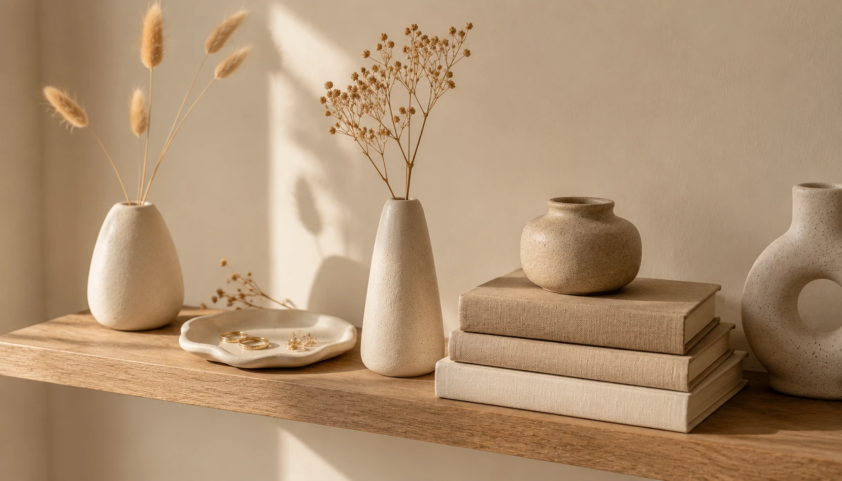 Handmade air dry clay pieces styled together on a shelf with books, dried flowers, and natural textures