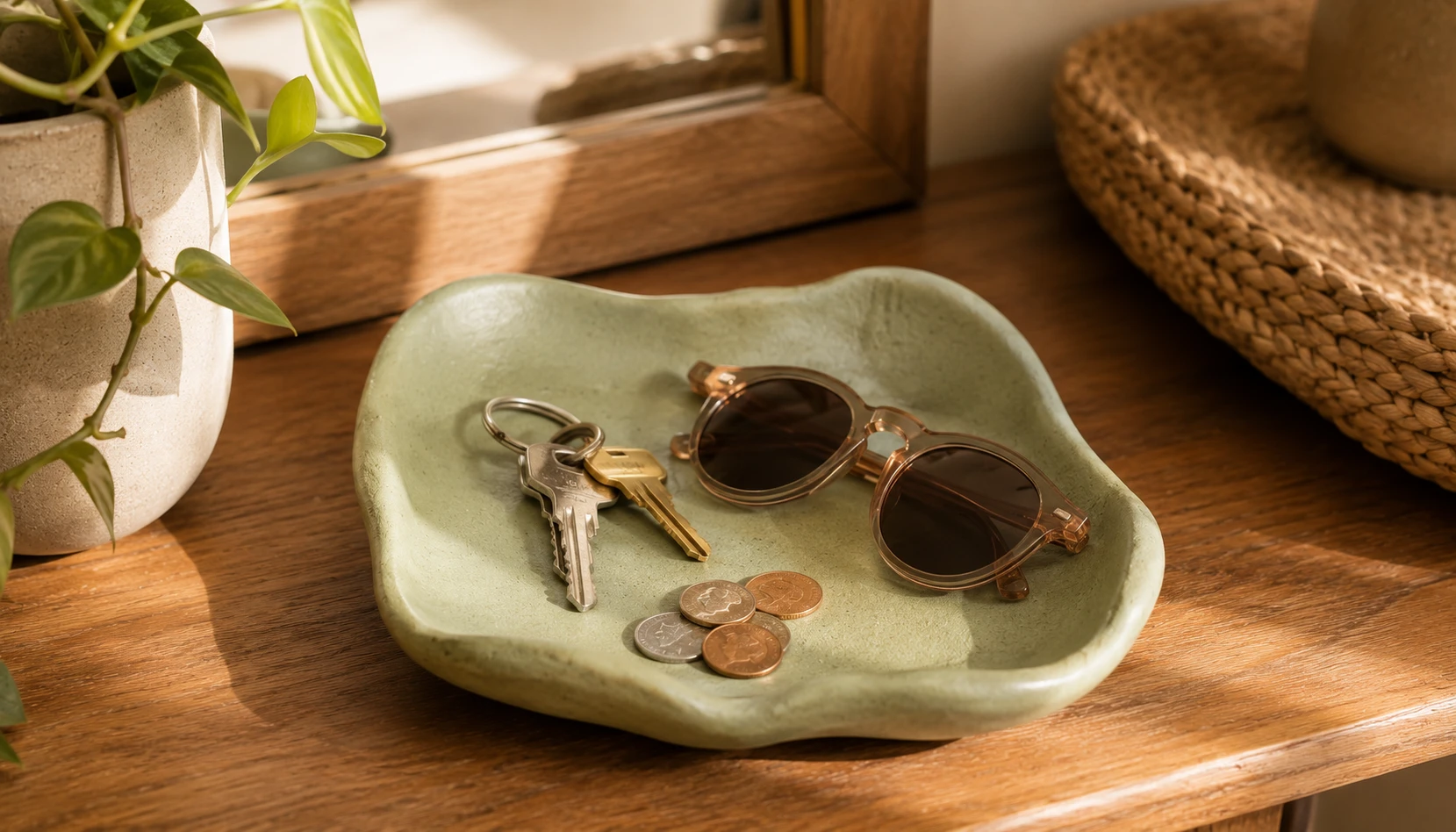 Small handmade air dry clay trinket tray with slightly raised edges holding keys and small jewelry on an entryway console