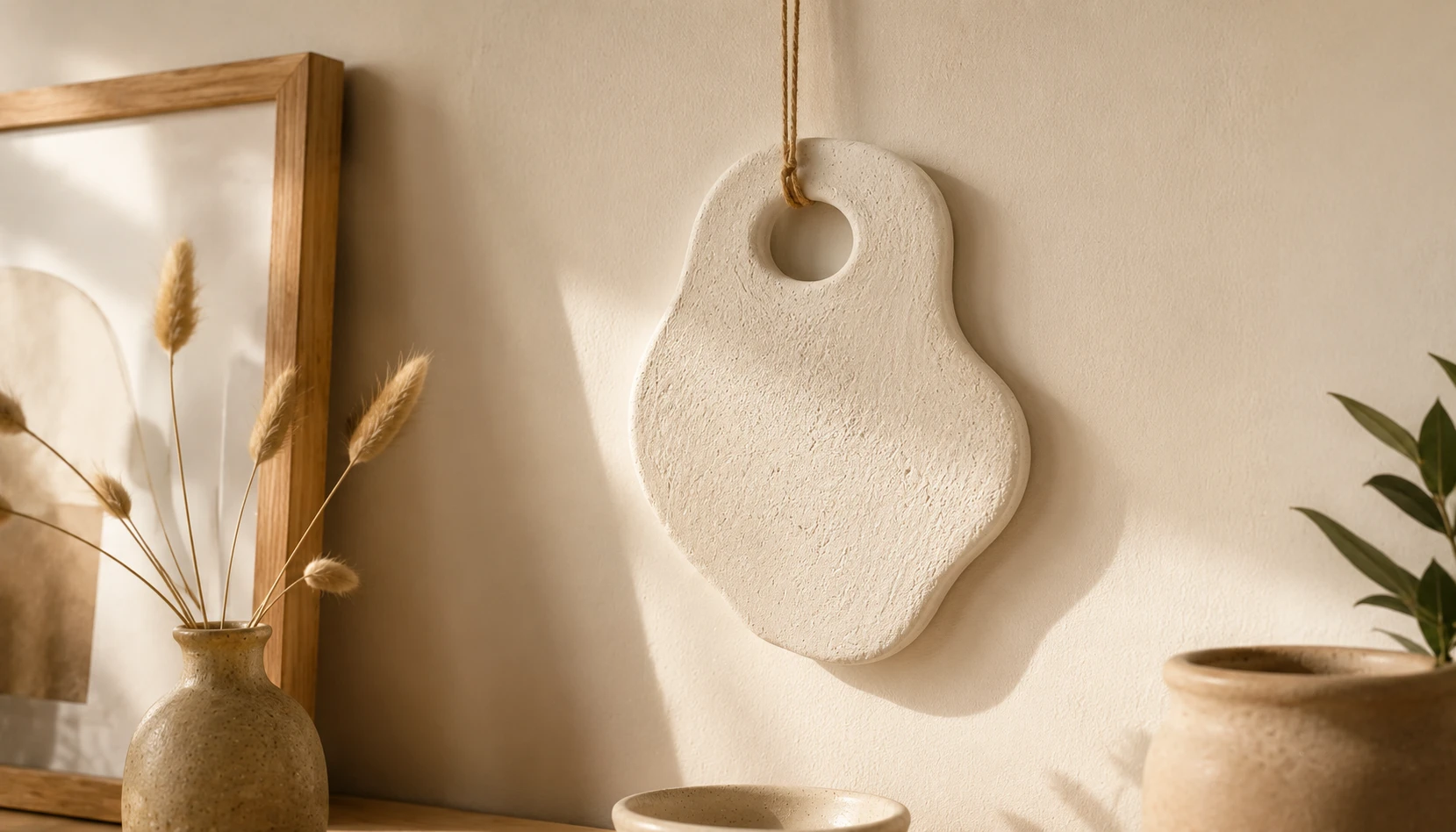 Handmade air dry clay wall hanging piece in an organic abstract shape suspended with natural cord against a cream wall