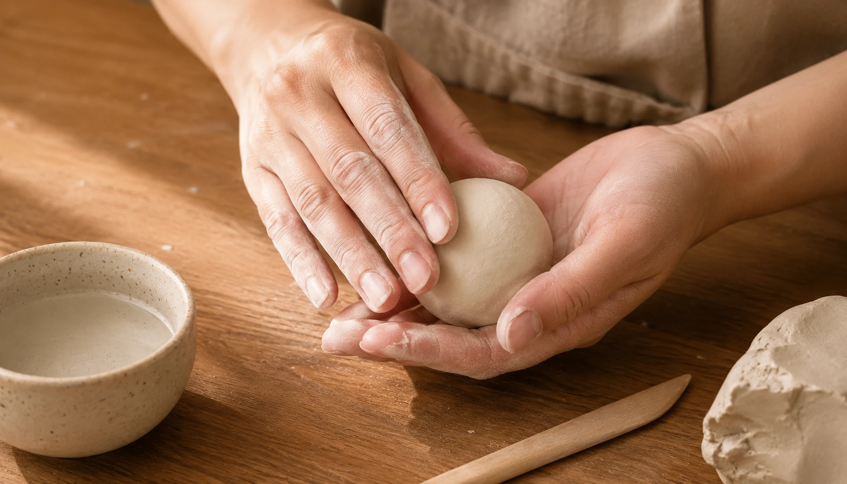 Hands shaping a small piece of air dry clay on a wooden table with simple tools nearby