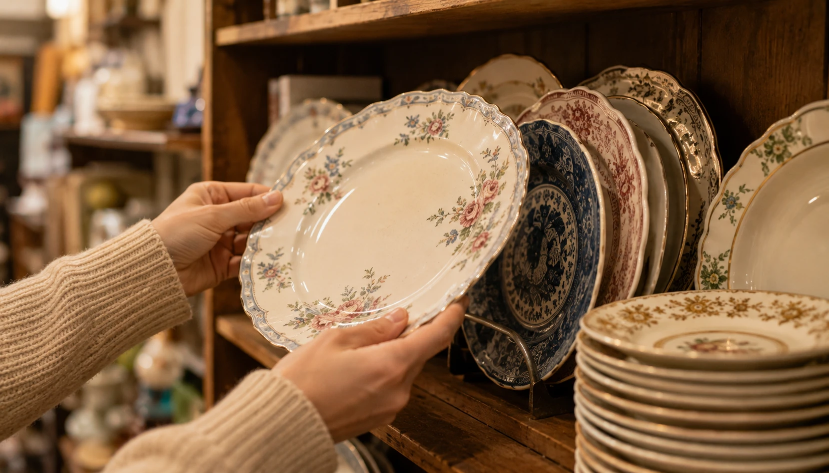 Hands sorting through a thrift store shelf of vintage plates looking for pieces for a decorative wall collection