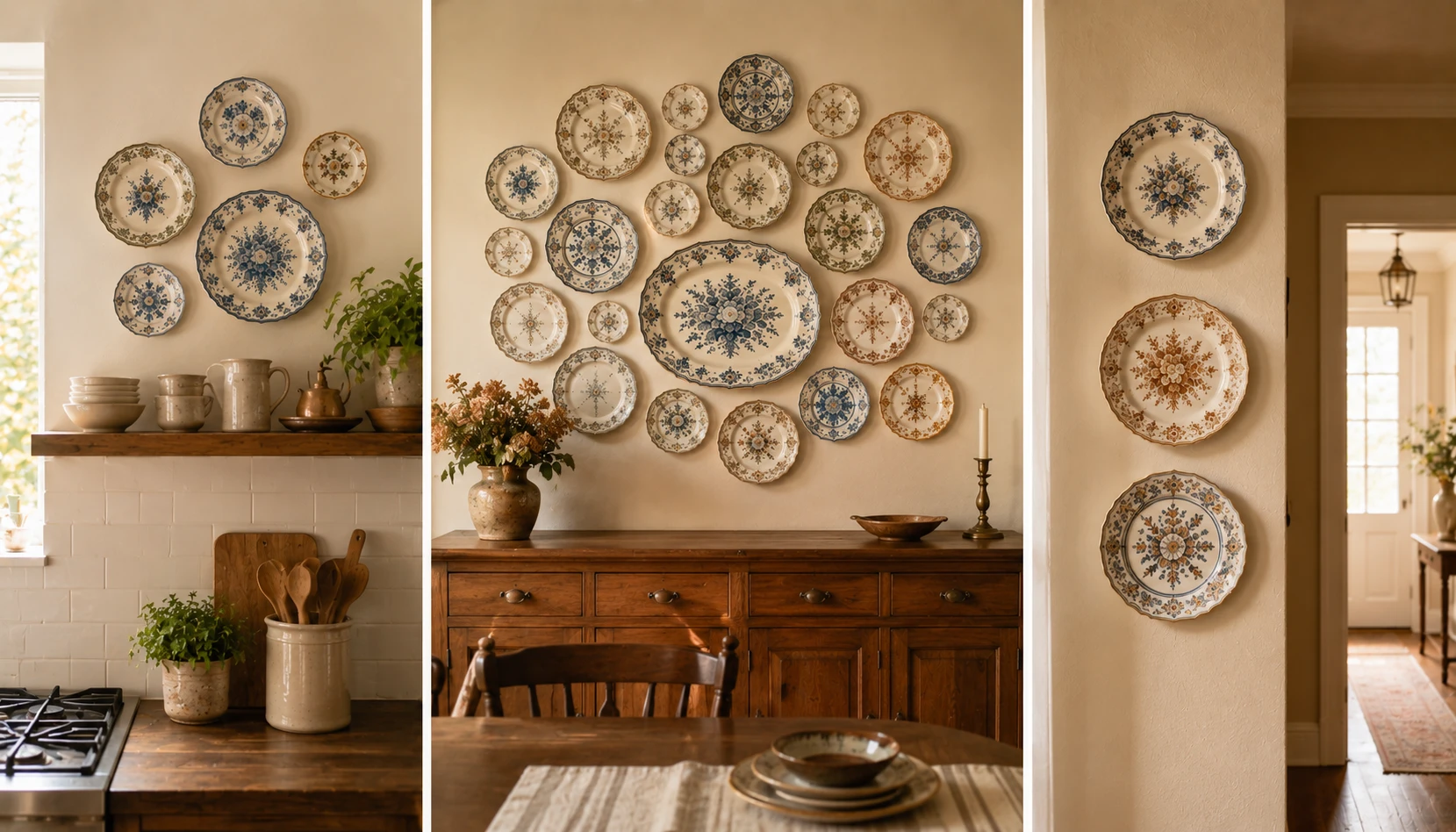 Three room settings showing plate wall displays adapted for a kitchen, dining room, and hallway
