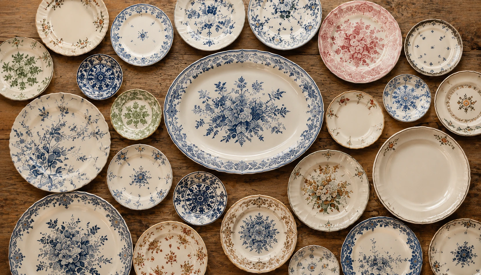 Assortment of mismatched vintage plates in varying sizes and patterns laid out on a table before arranging