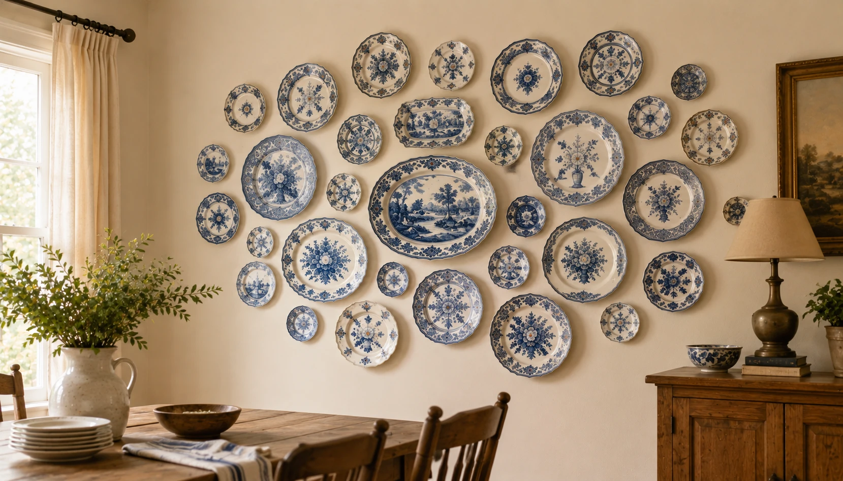 Plate wall using a repeated blue and white color palette across varied vintage patterns for cohesive contrast