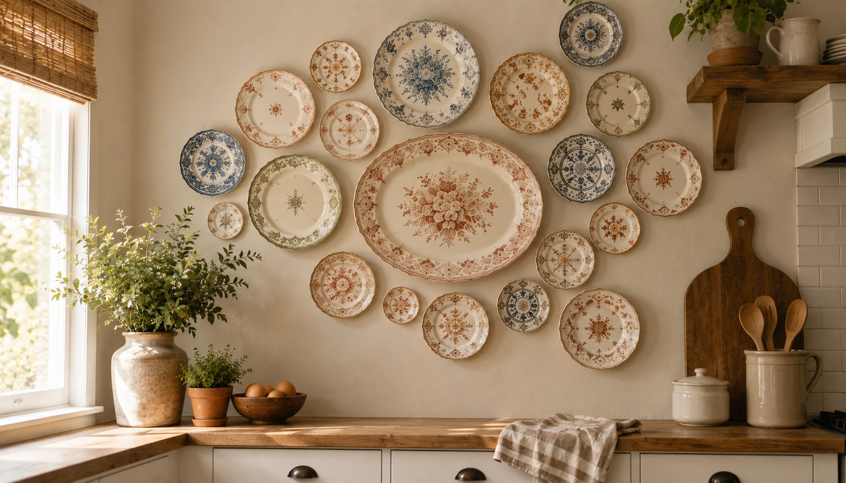 Plates in varying sizes and vintage patterns arranged in an organic free-form cluster on a farmhouse kitchen wall