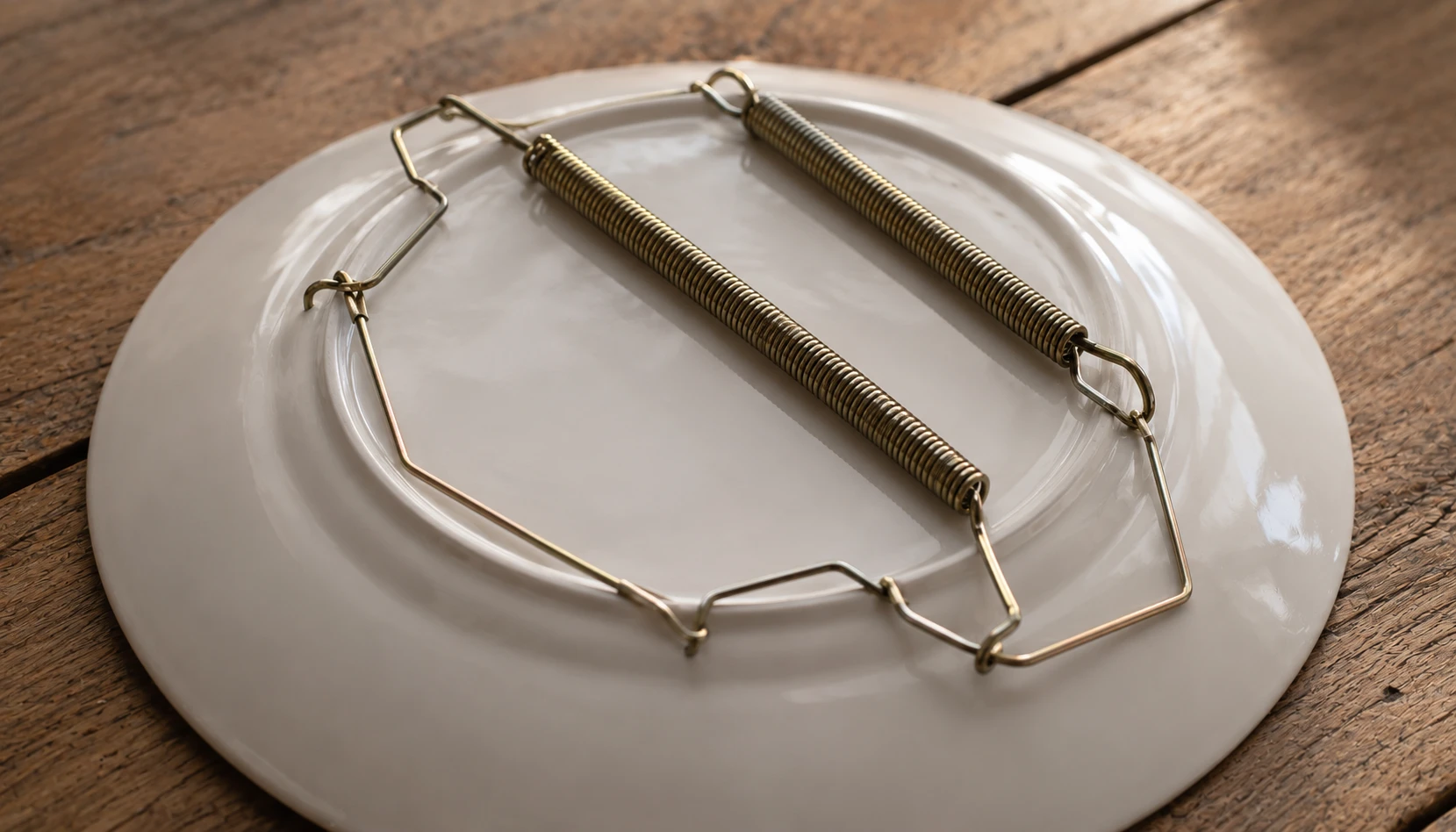 Close up of a metal spring plate hanger attached to the back of a decorative plate before mounting on a wall