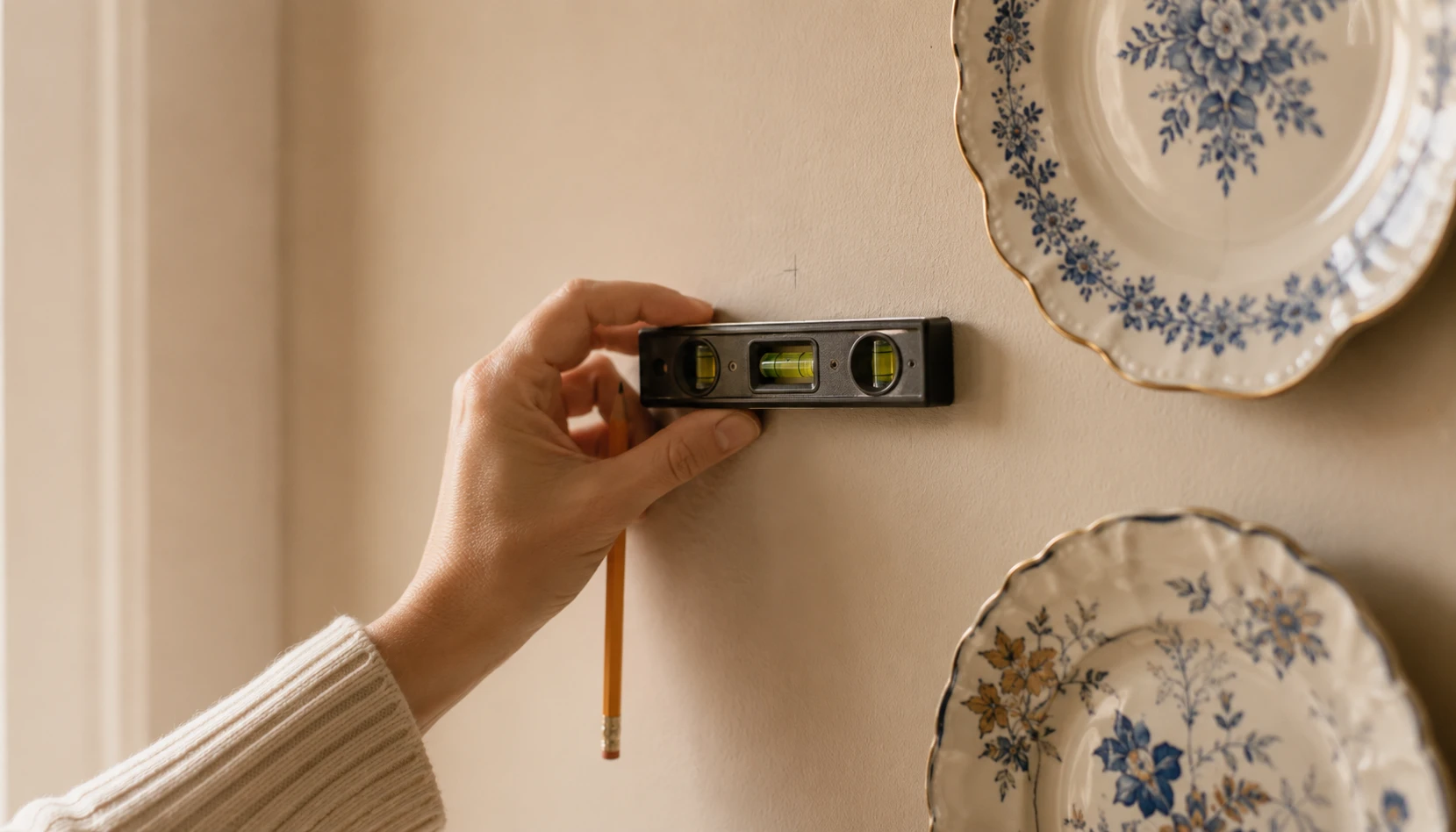 Hand using a level and pencil to mark the correct hanging position for a decorative plate on a wall