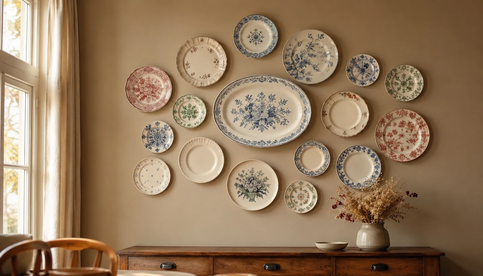 Decorative plate wall in a dining room with mismatched vintage plates arranged in an organic cluster pattern