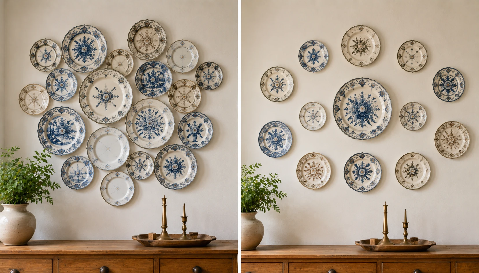 Split image comparing a poorly planned crowded plate wall with a well balanced properly spaced plate wall