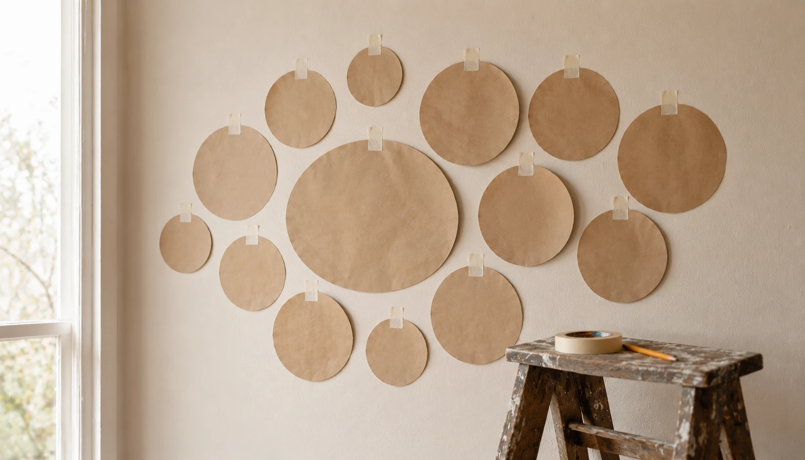 Paper plate templates taped to a wall to plan a decorative plate wall arrangement before hanging