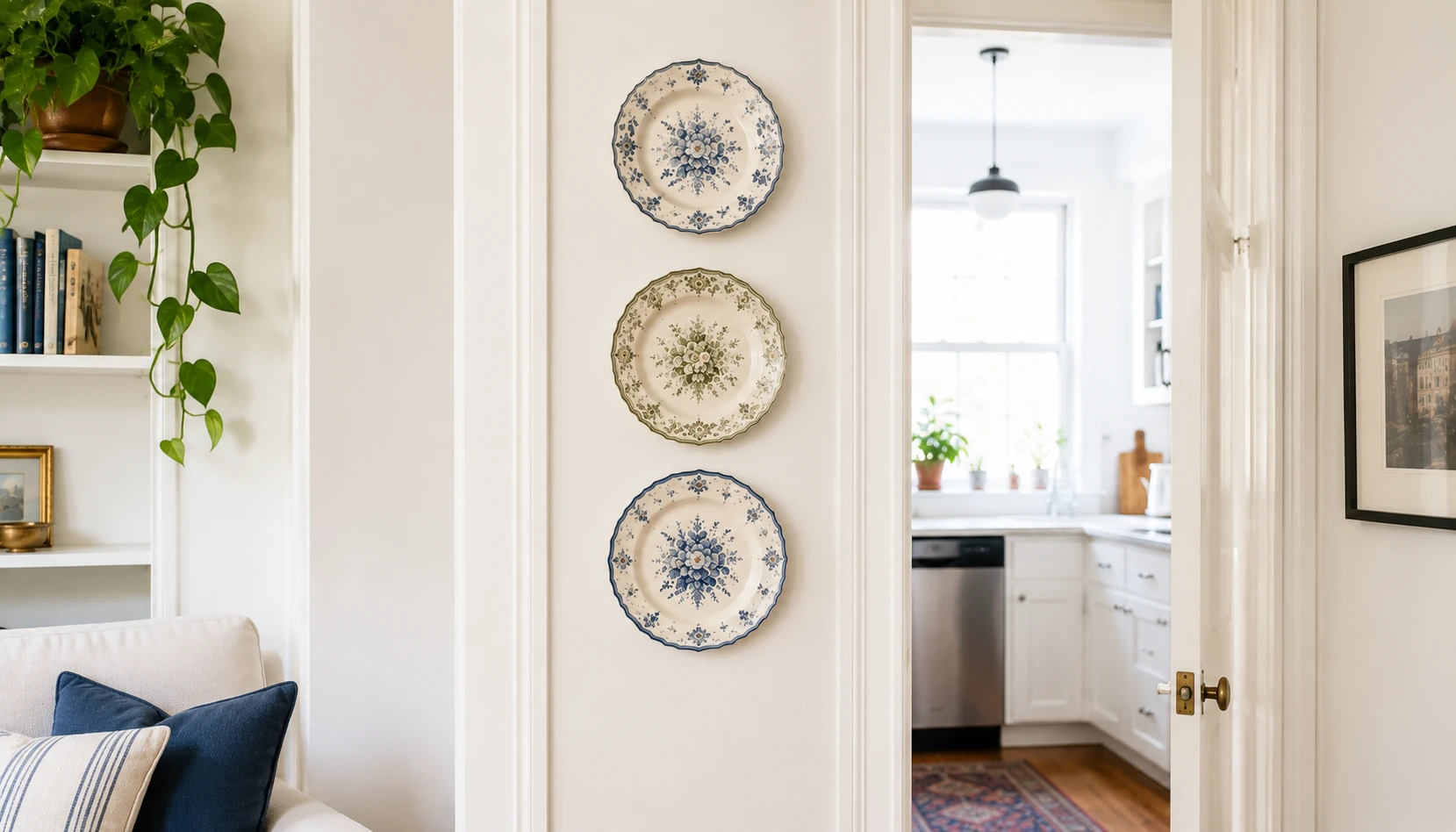 Small cluster of three decorative plates on a compact apartment wall demonstrating a restrained small space approach