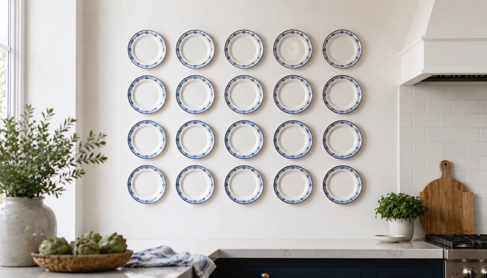 Plates arranged in a clean symmetrical grid pattern on a white wall for a modern gallery look