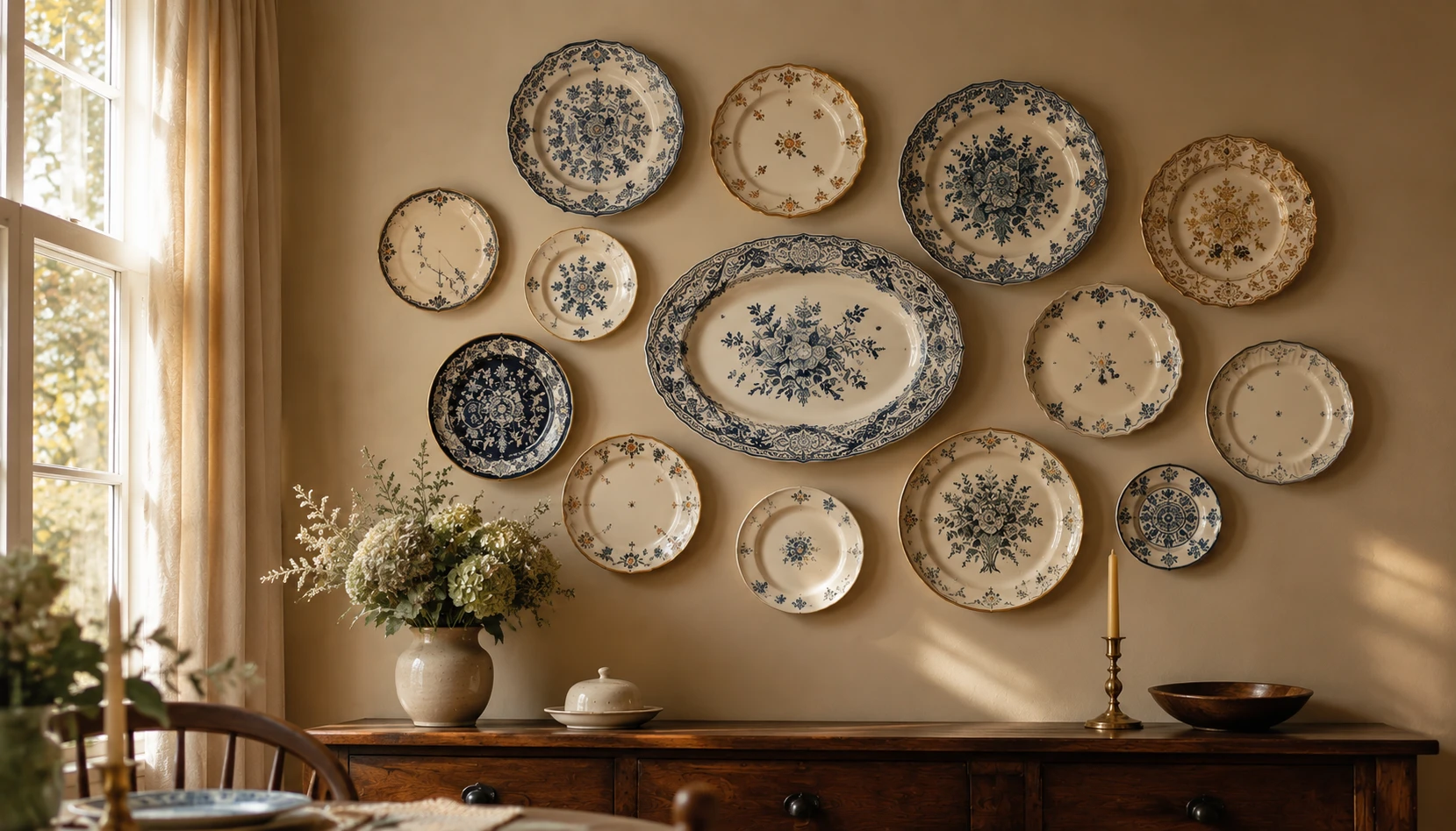 Collection of vintage decorative plates arranged on a dining room wall showing warm personal character
