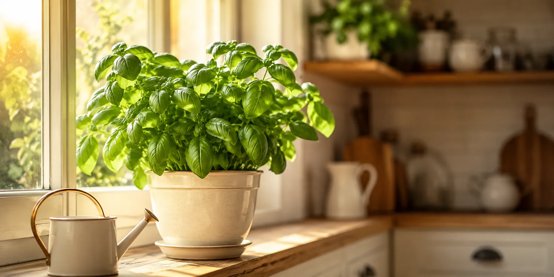 Fresh homegrown basil in a pot on a sunny windowsill