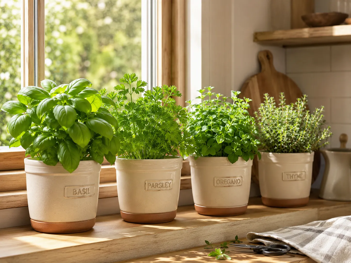 Basil growing alongside other Mediterranean herbs