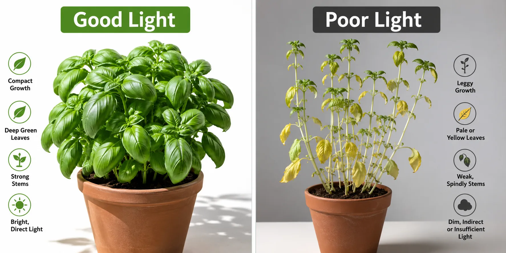 Comparison of basil with good and poor light