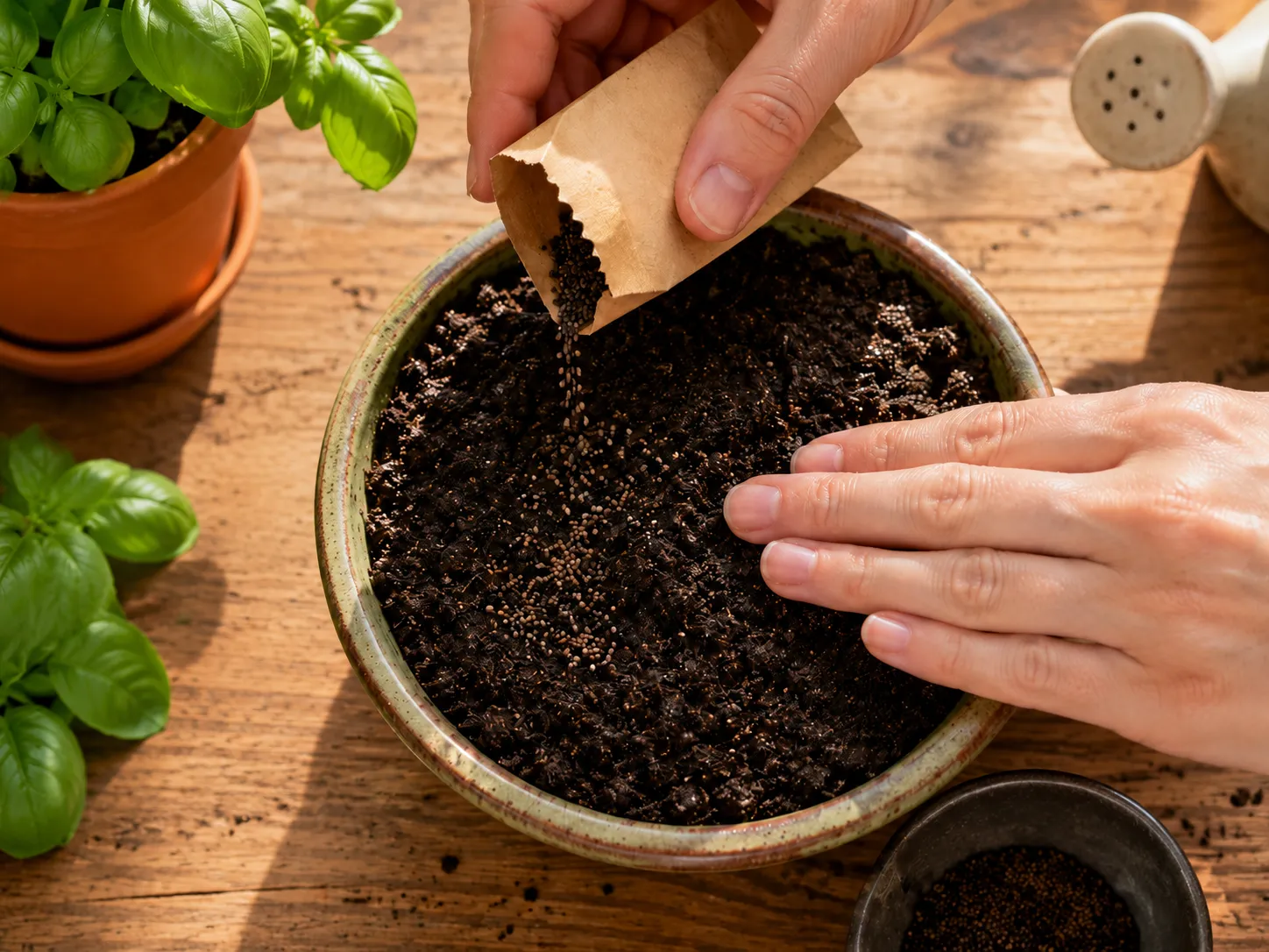 Planting basil seeds in a pot