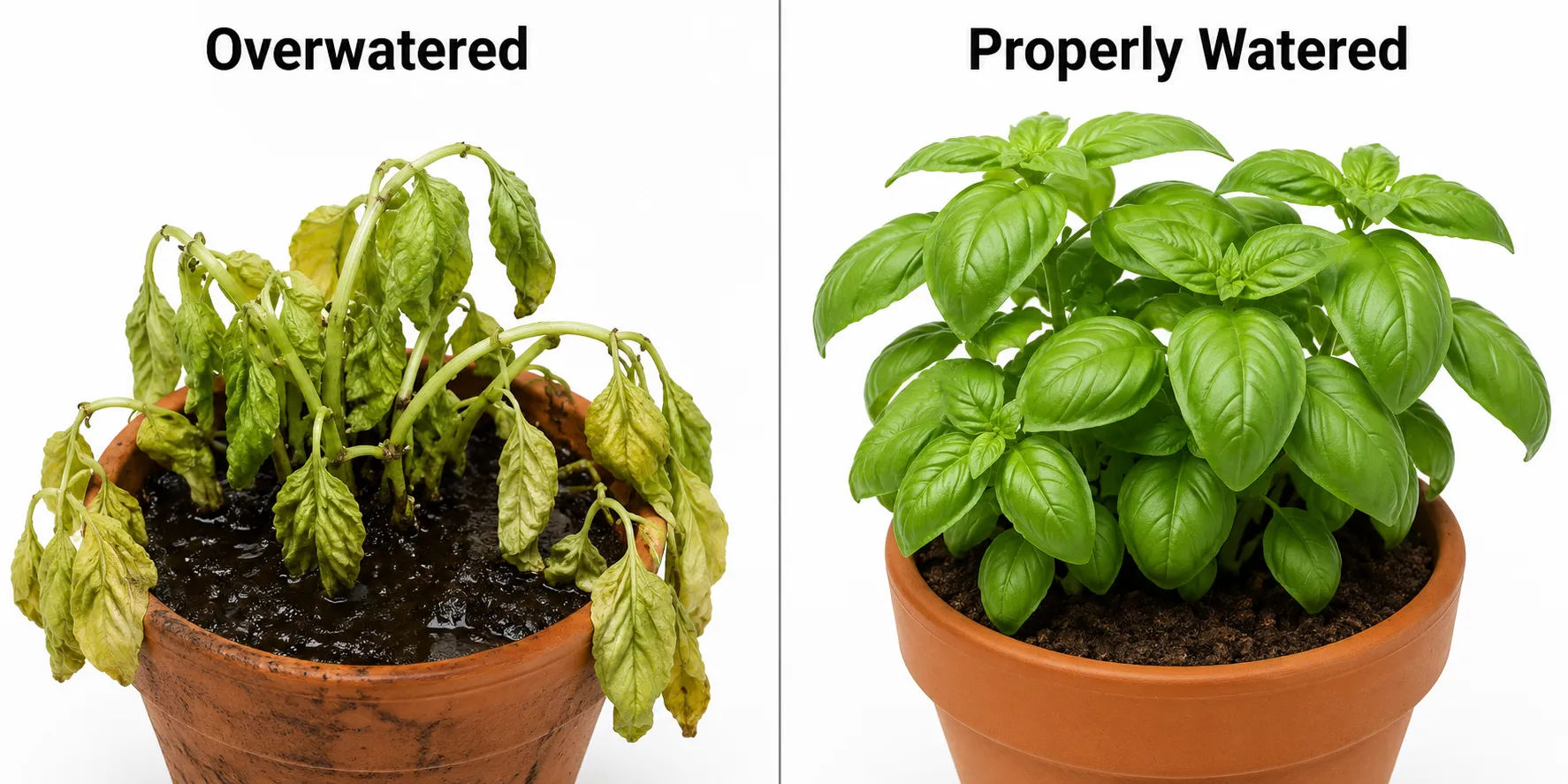 Comparison of properly watered and overwatered basil