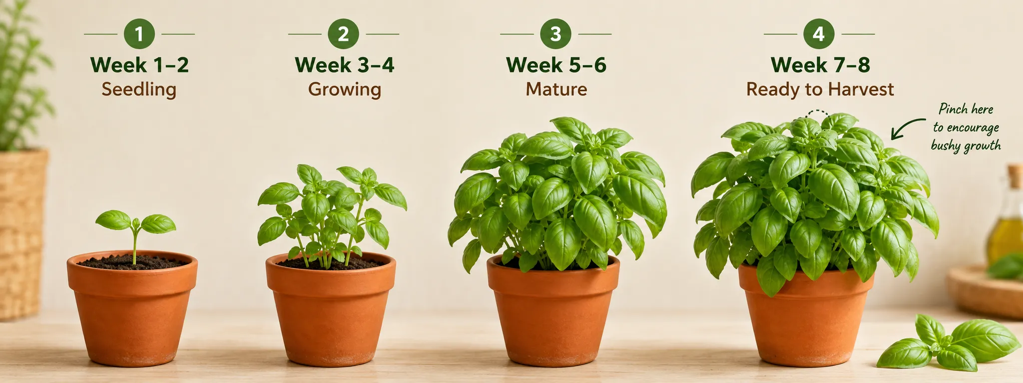 Basil growth progression from seedling to harvest-ready