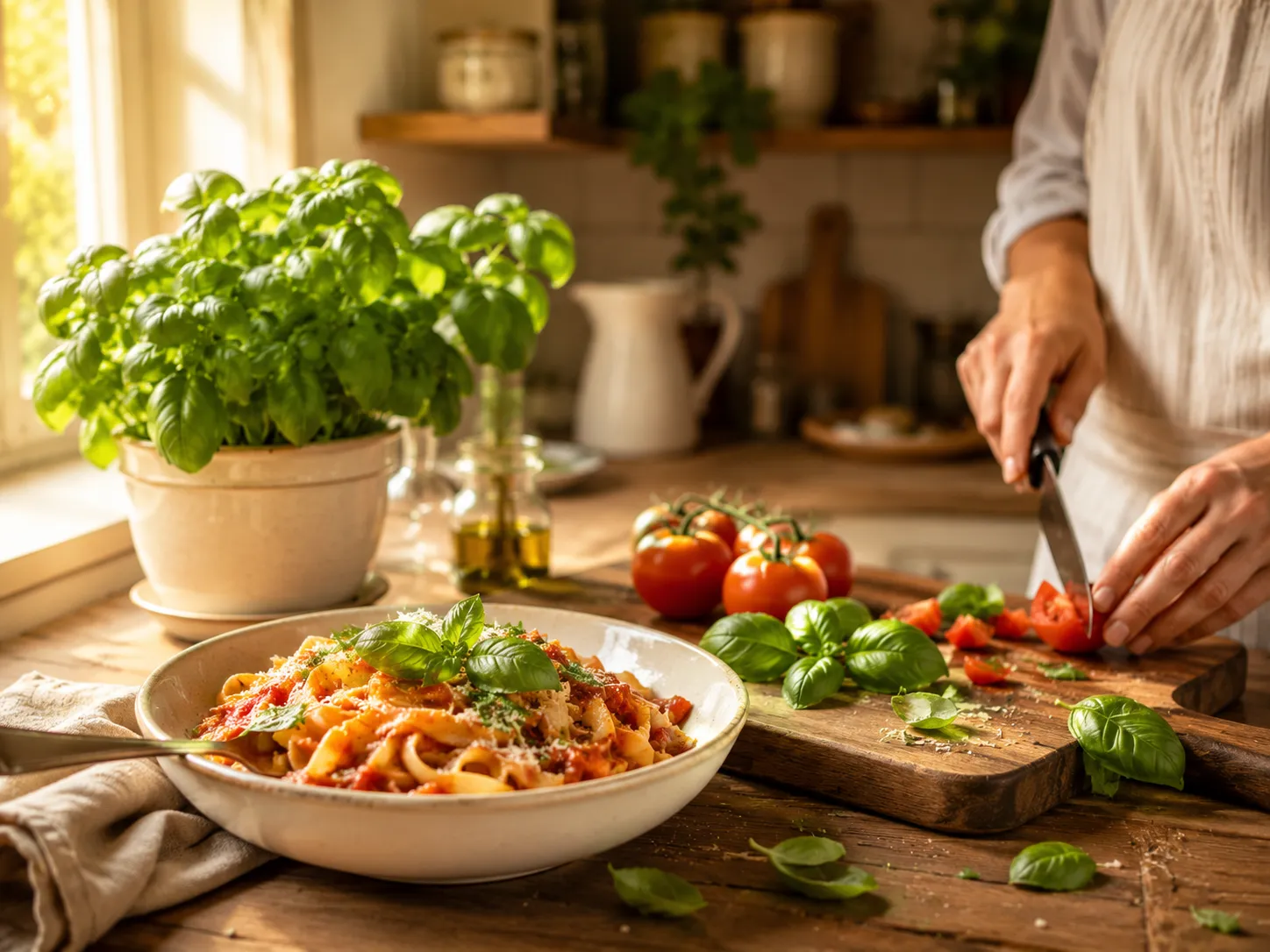 Fresh homegrown basil used in cooking