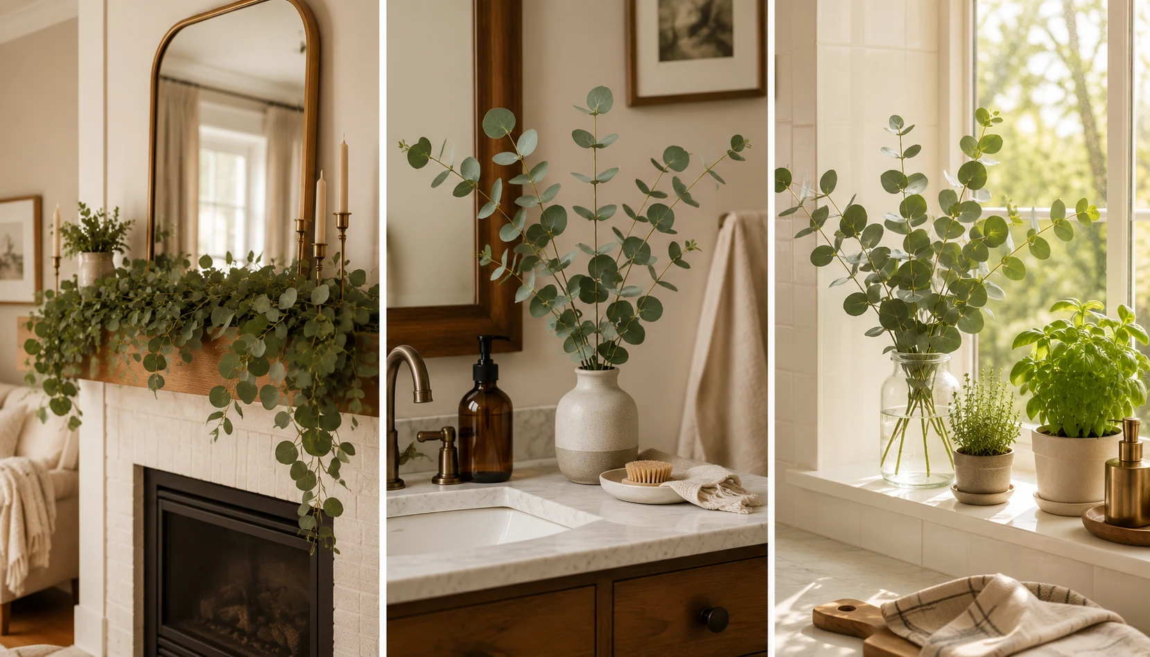 Three room settings showing eucalyptus styled in a living room, bathroom, and kitchen