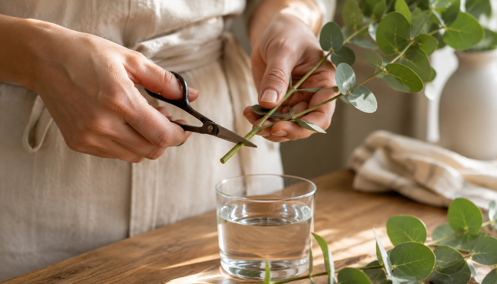 Hands trimming eucalyptus stems at an angle before placing them in a glass of water