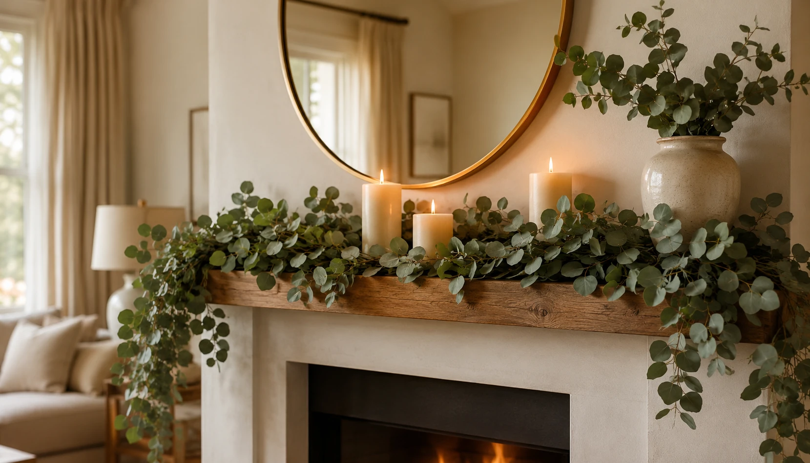 Eucalyptus garland draped across a mantel with candles and ceramics in a warm neutral living room