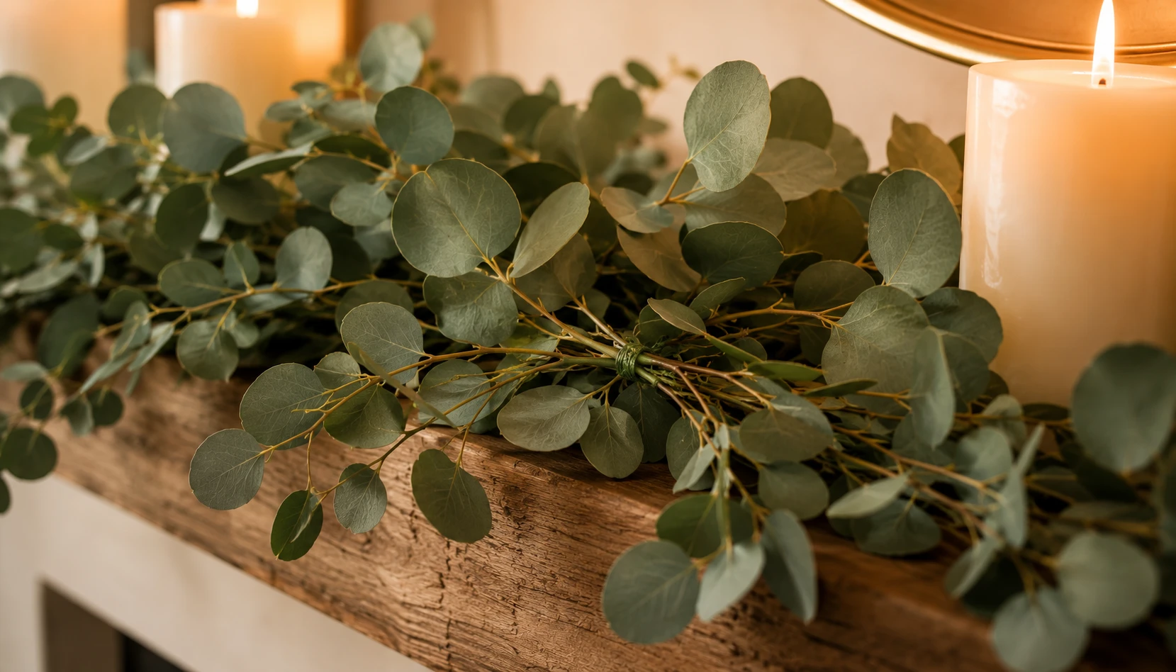 Eucalyptus garland draped across a fireplace mantel with candles and a mirror above
