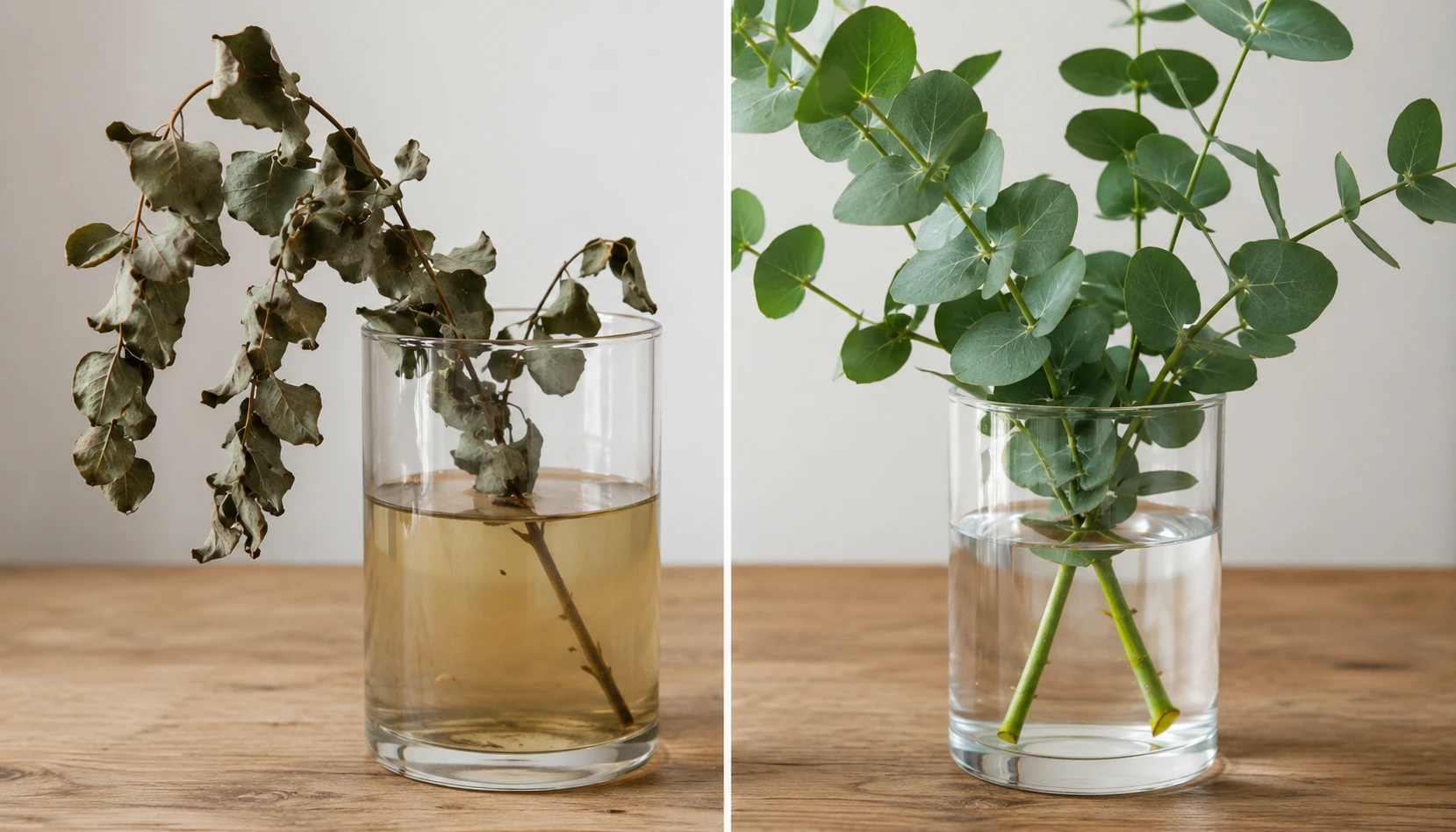 Split image comparing wilted overwatered eucalyptus with a fresh properly cared for arrangement