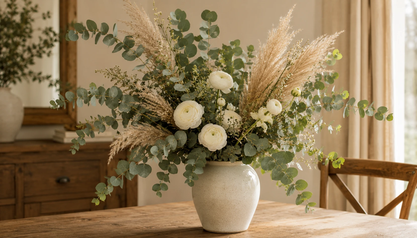 Eucalyptus paired with dried pampas grass and white ranunculus in a mixed textural arrangement