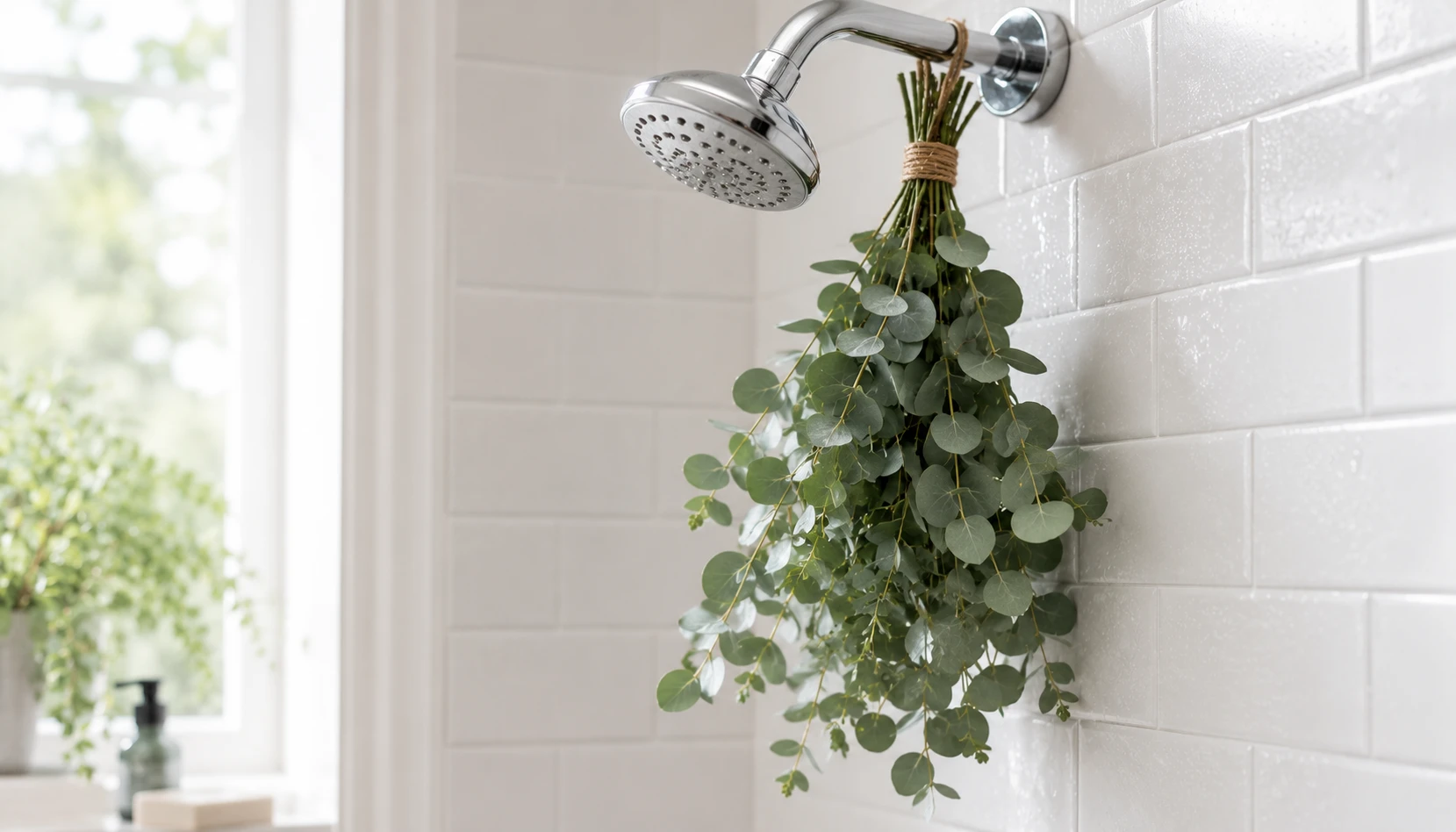 Bundle of fresh eucalyptus stems tied with twine and hanging from a shower head in a bright bathroom