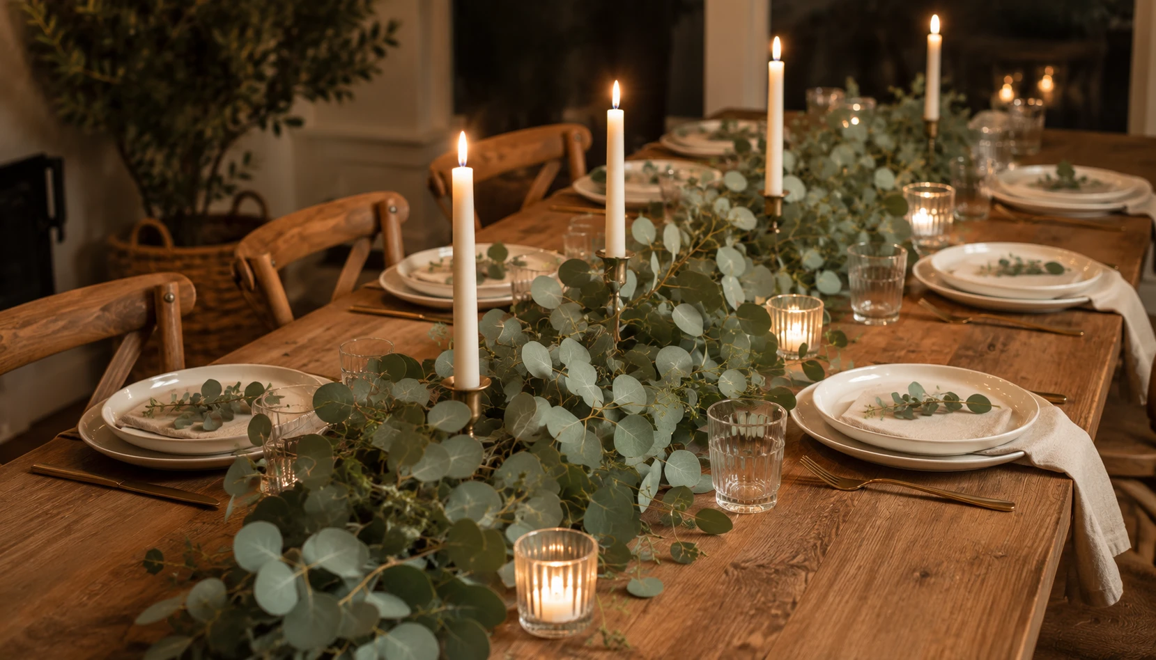 Long eucalyptus table runner down a dining table with candles and white ceramic plates for an elegant dinner setting