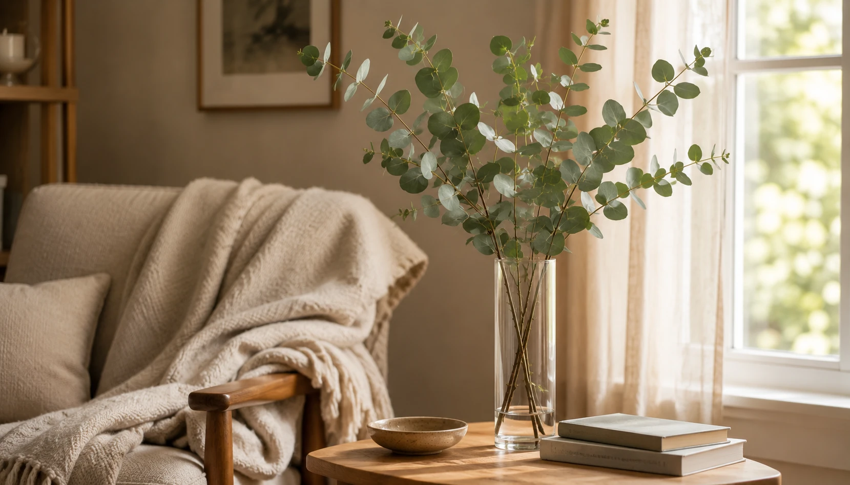 Tall glass vase with simple eucalyptus stems on a side table beside a reading chair