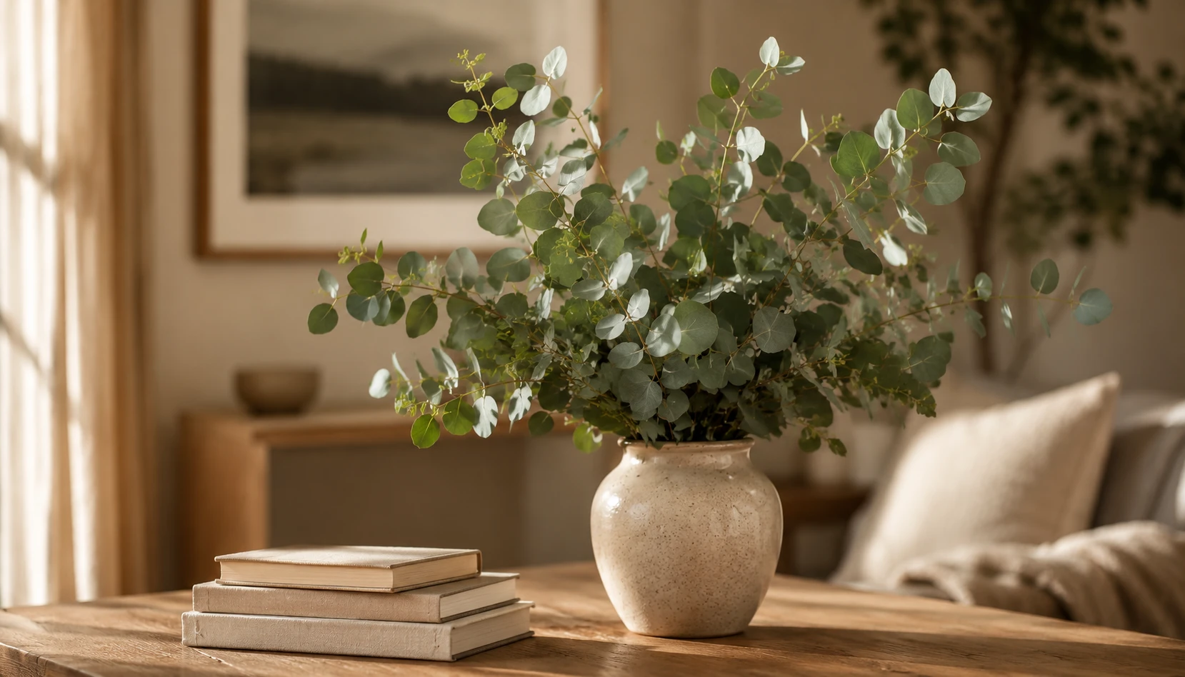 Fresh eucalyptus stems in a ceramic vase on a wooden table with warm natural light