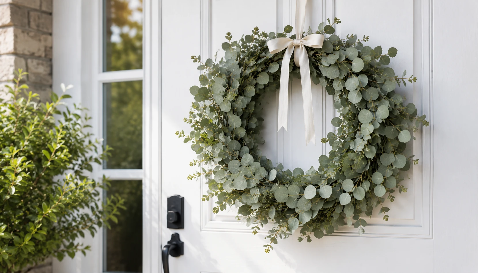 Eucalyptus wreath hanging on a front door with a simple ribbon accent