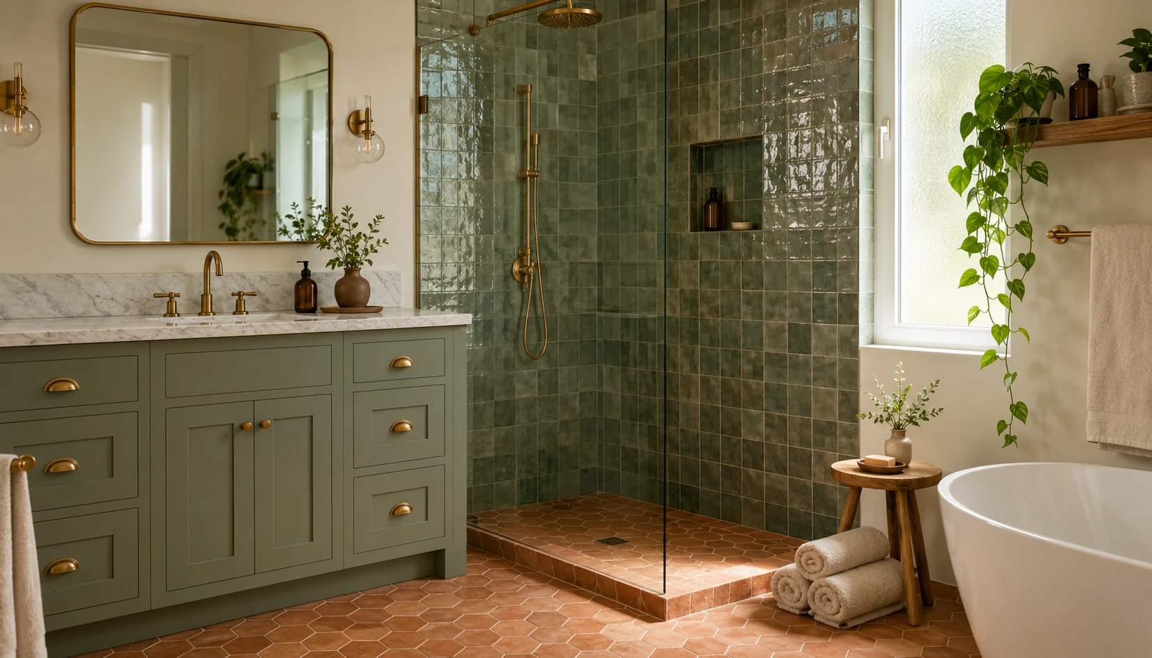Sage green bathroom with zellige tile shower, terracotta floor, and brushed brass fixtures in warm natural light