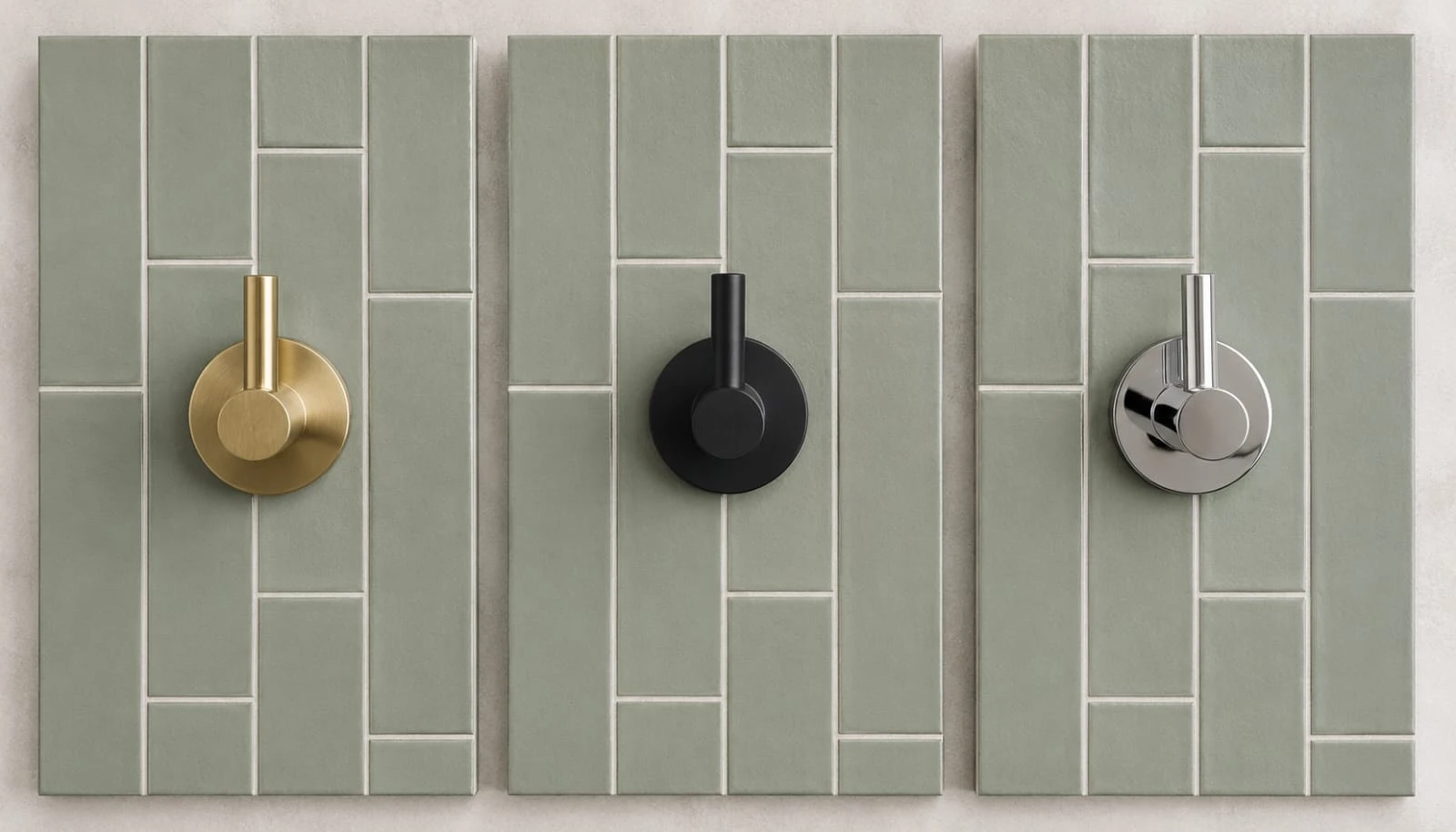 Close comparison of brass, matte black, and chrome fixtures against sage green tile in a bathroom