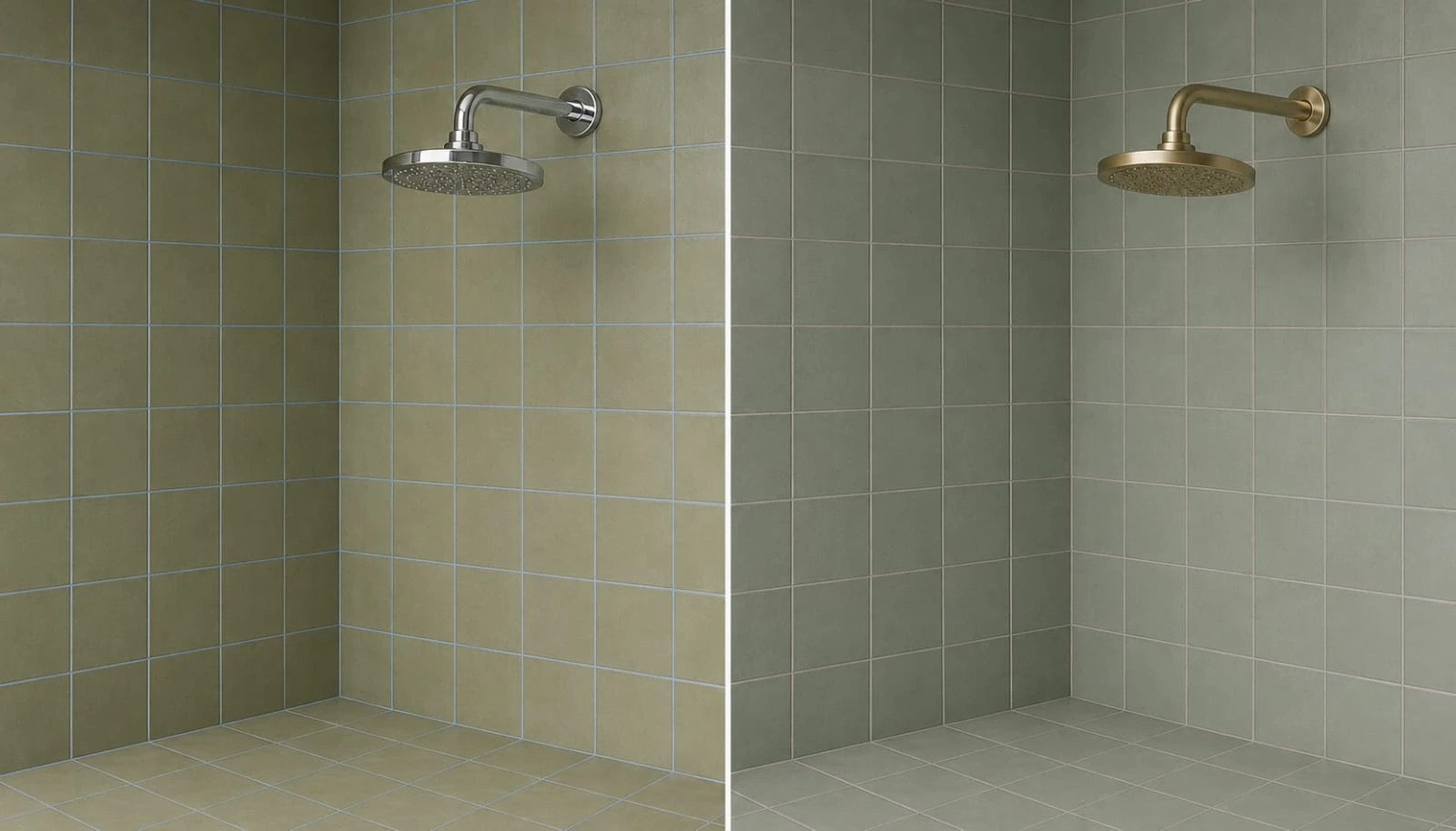 Comparison showing a sage green bathroom done poorly with clashing undertones next to one done well