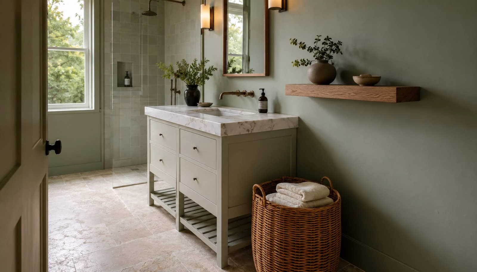 Sage green bathroom with oak floating shelf and white marble countertop showing natural material pairing