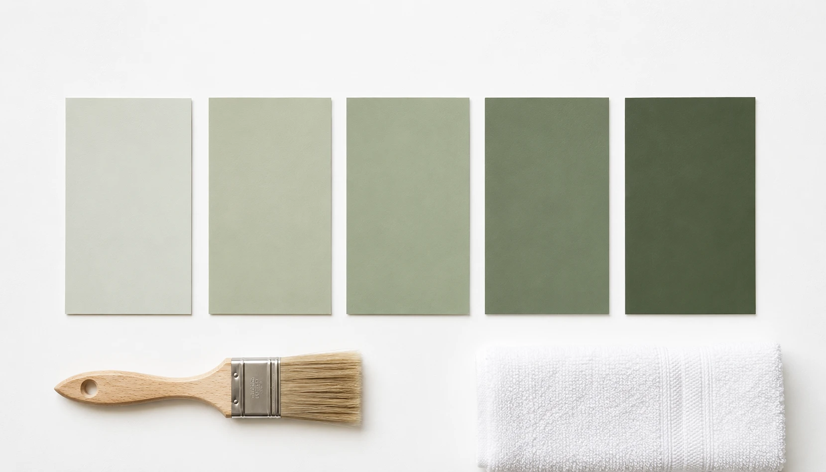 Sage green paint swatches ranging from pale grey-green to deeper forest tones for bathroom walls