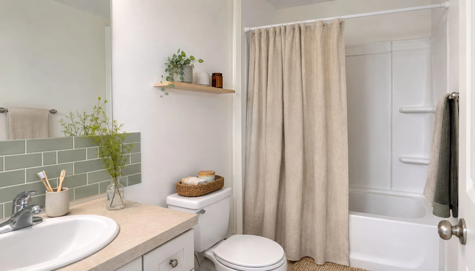 Rental bathroom styled with sage green peel and stick tiles and removable accessories with no permanent changes