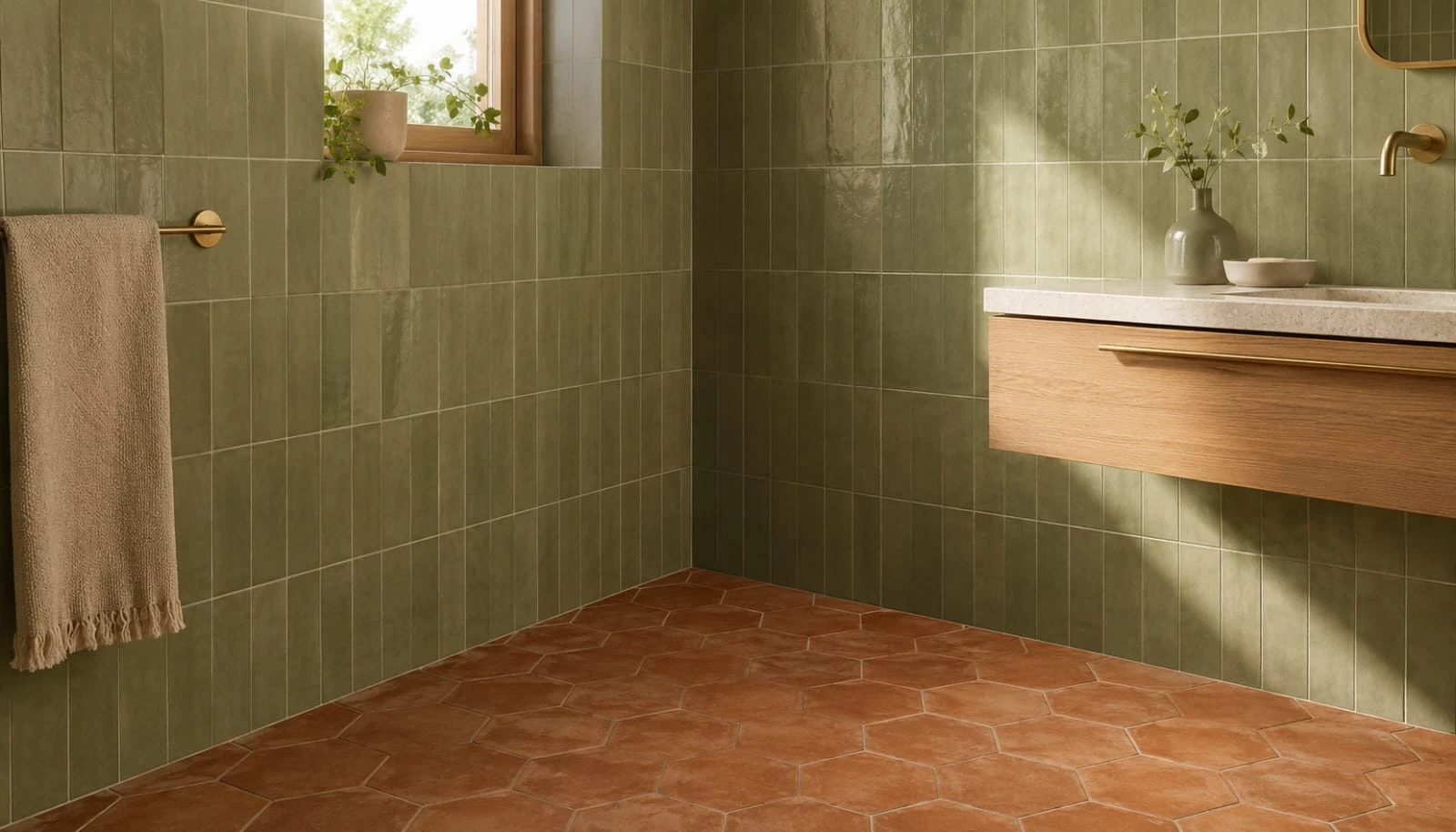 Sage green bathroom vanity with terracotta hexagon floor tile and brass fixtures showing the warm earthy pairing