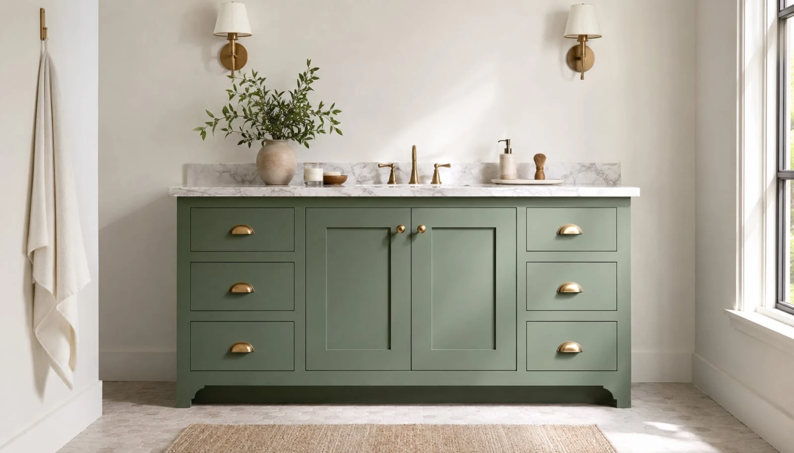 Sage green painted bathroom vanity with brass hardware and marble countertop against white walls