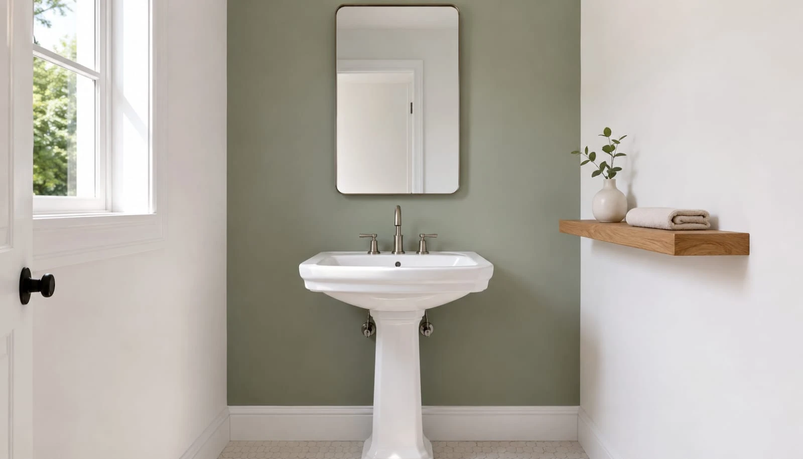 Small sage green bathroom with white fixtures and natural wood accents keeping the space feeling open
