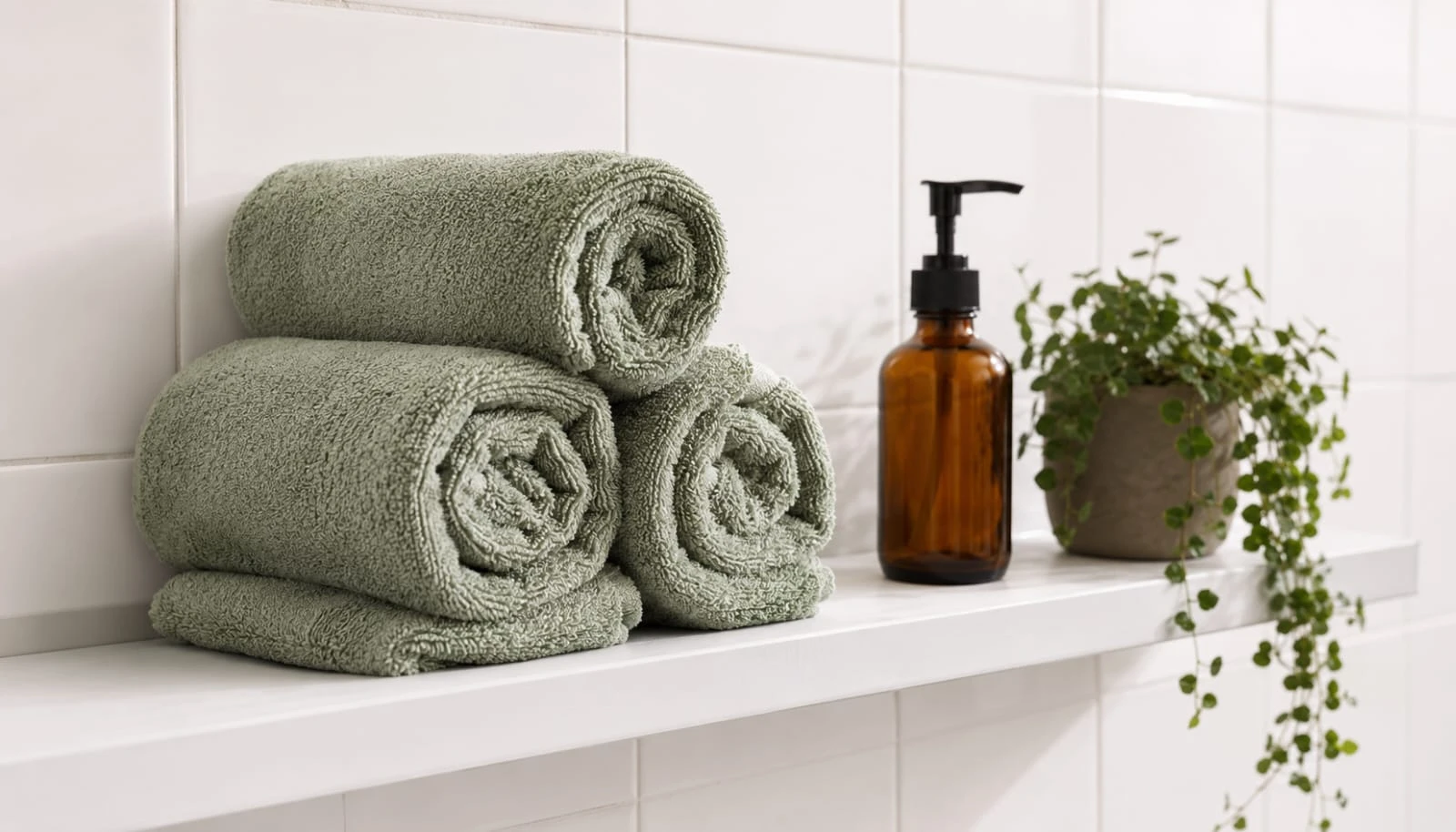Sage green towels and bath accessories styled on a white bathroom shelf without any renovation