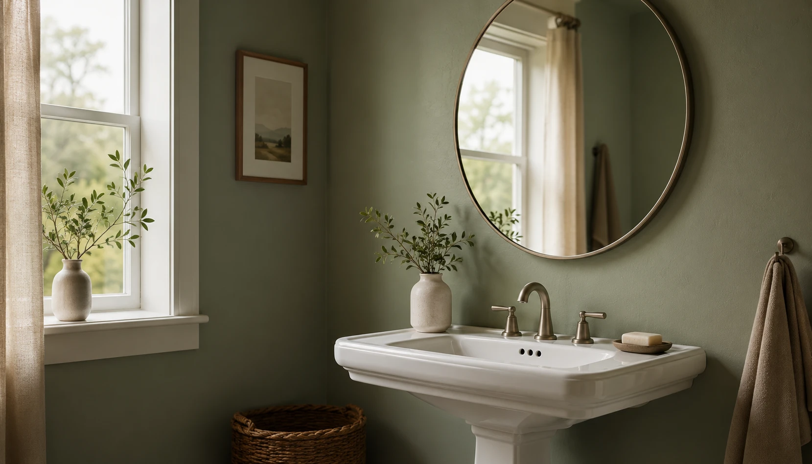 Sage green bathroom wall with white fixtures and natural light showing the calming muted tone