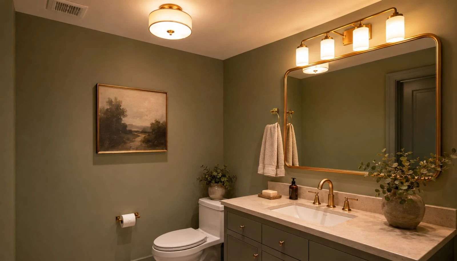 Small windowless sage green bathroom brightened by warm layered lighting and a large mirror