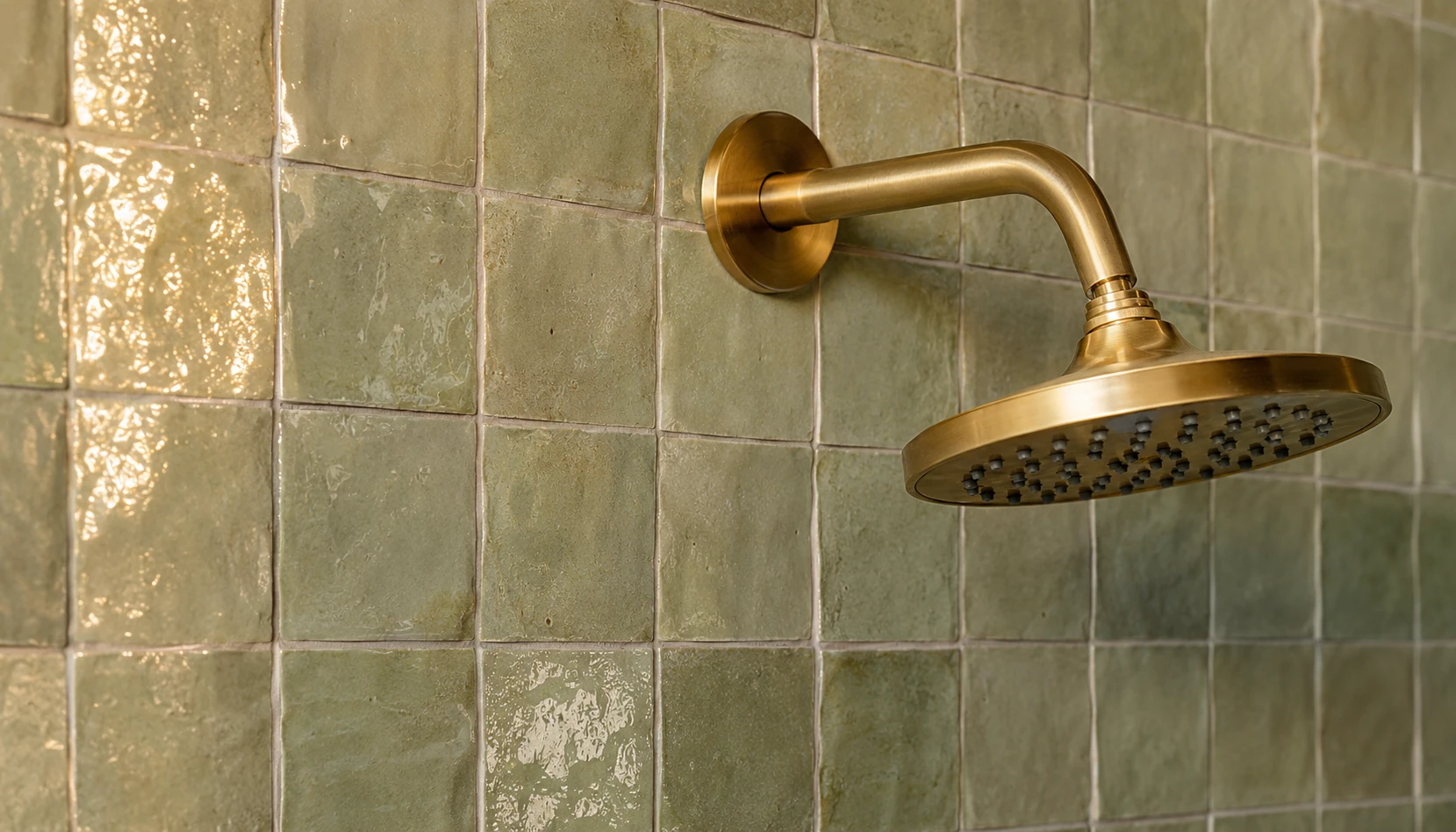 Sage green zellige tile shower with brushed brass showerhead and handmade texture catching natural light