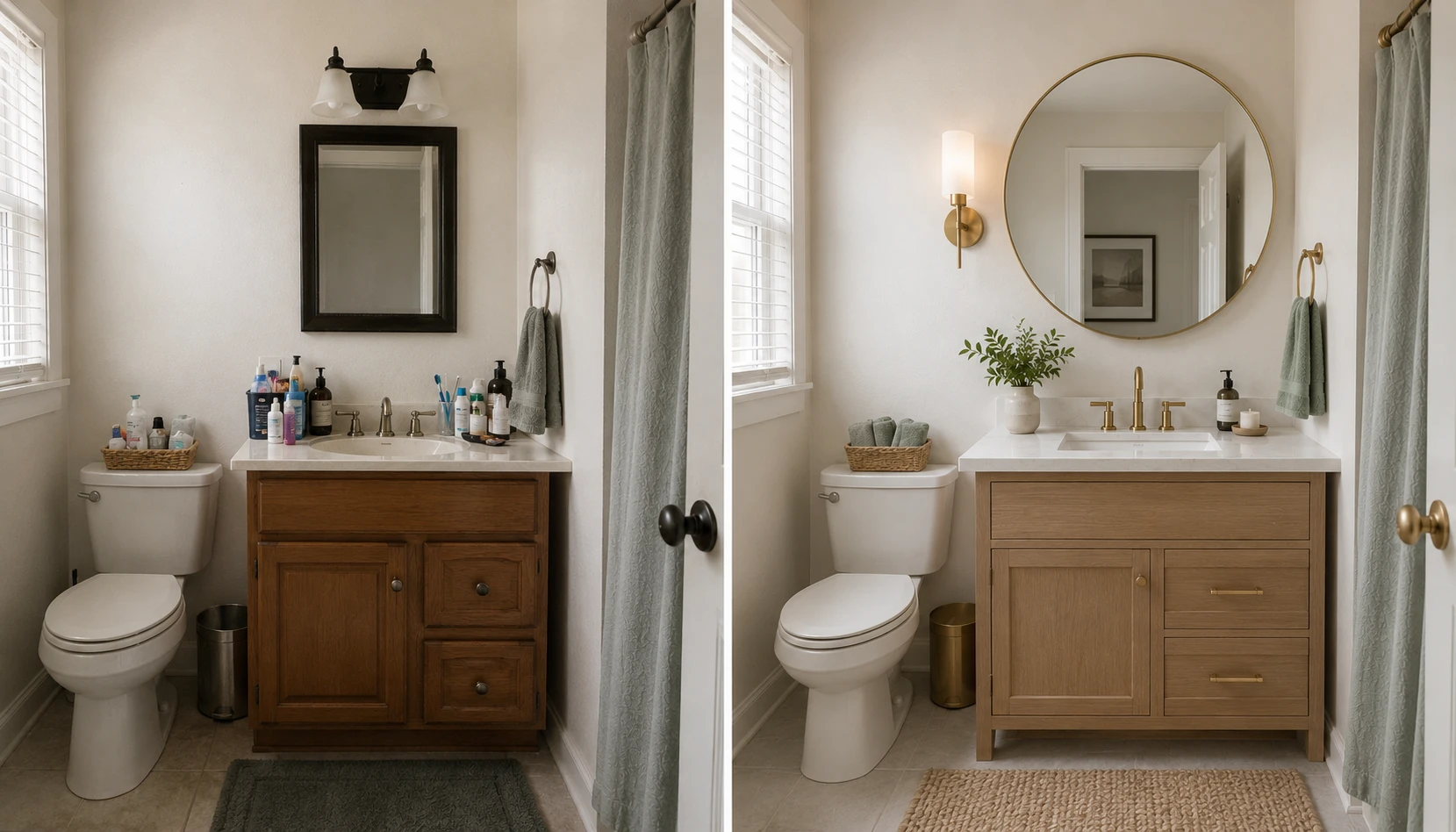 Split scene comparing a cluttered small bathroom mistake against a correctly styled open small bathroom